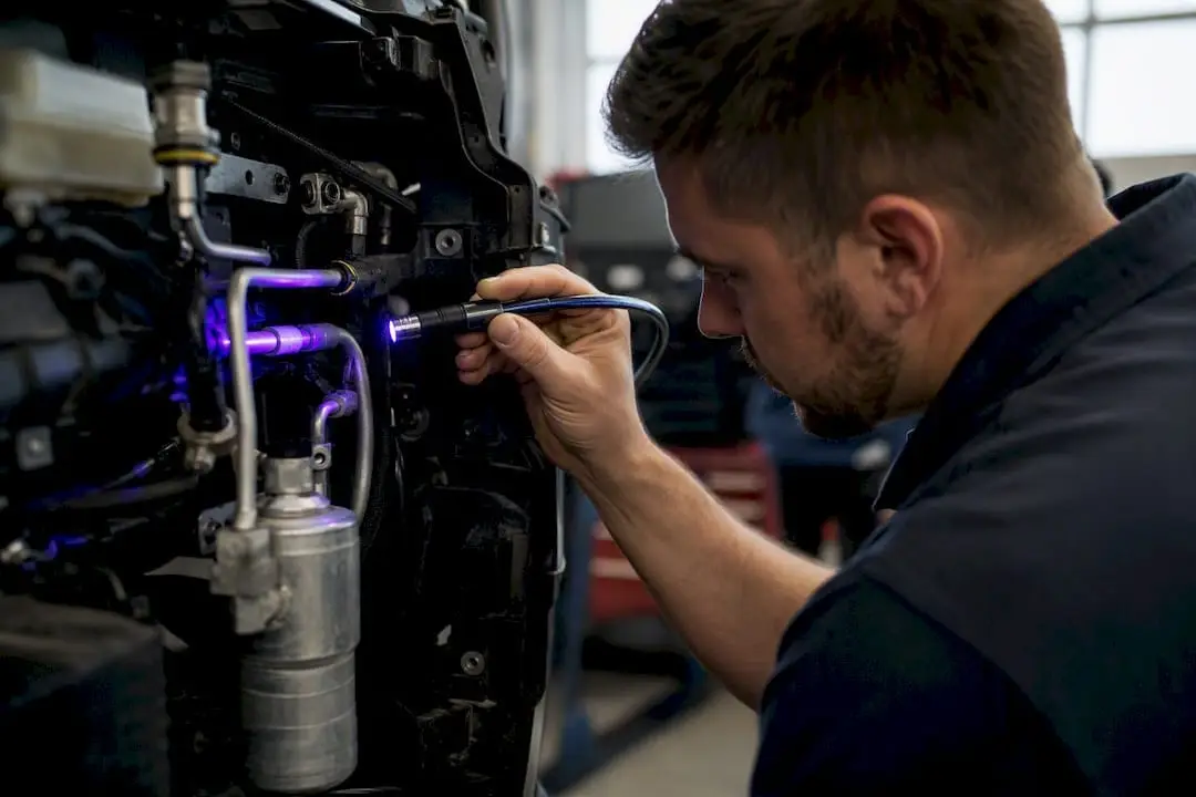 Technician using UV light on A/C refrigerant line