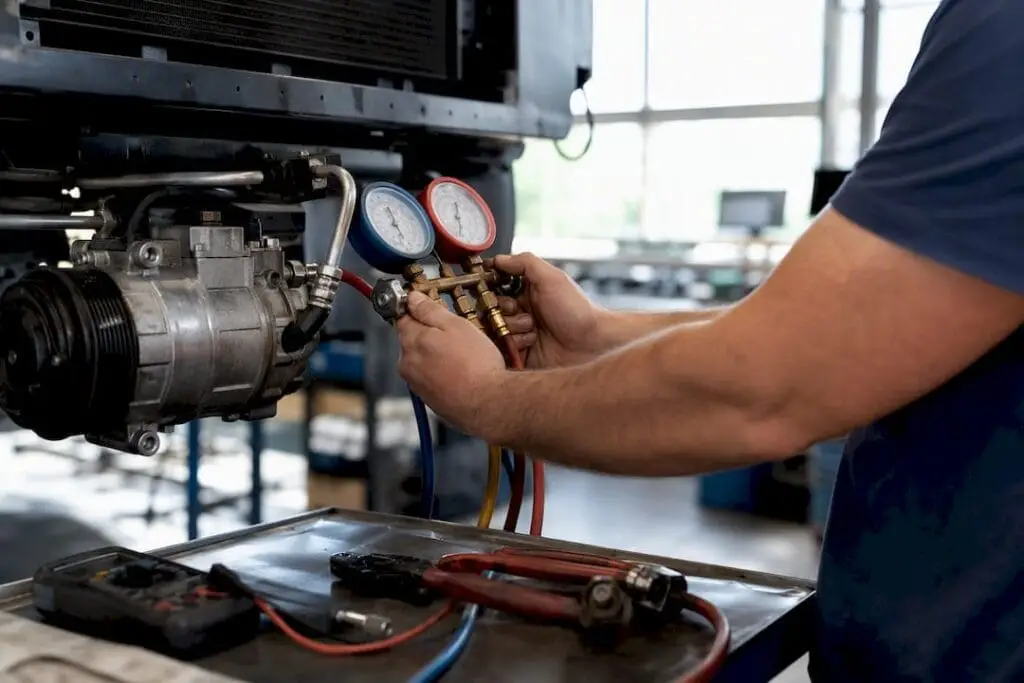 Hands connecting A/C gauges to vehicle compressor