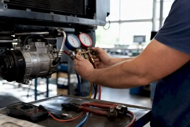 Hands connecting A/C gauges to vehicle compressor