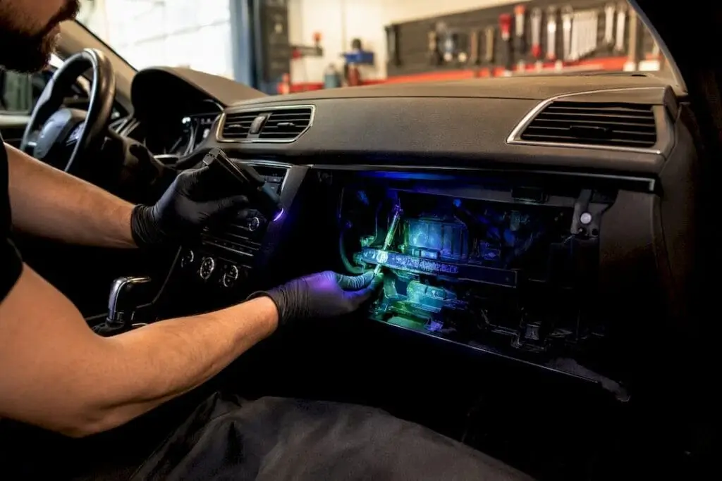 Technician inspecting car AC system with UV light