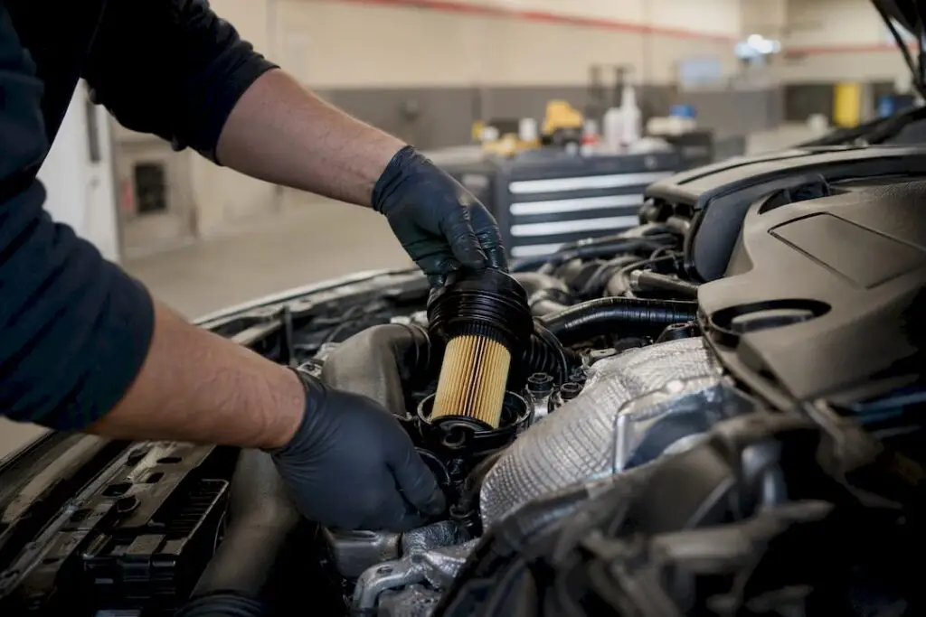 Technician replacing oil filter on Mercedes engine