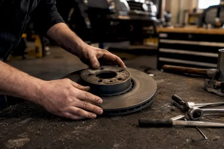 Close-up of mechanic inspecting brake rotor