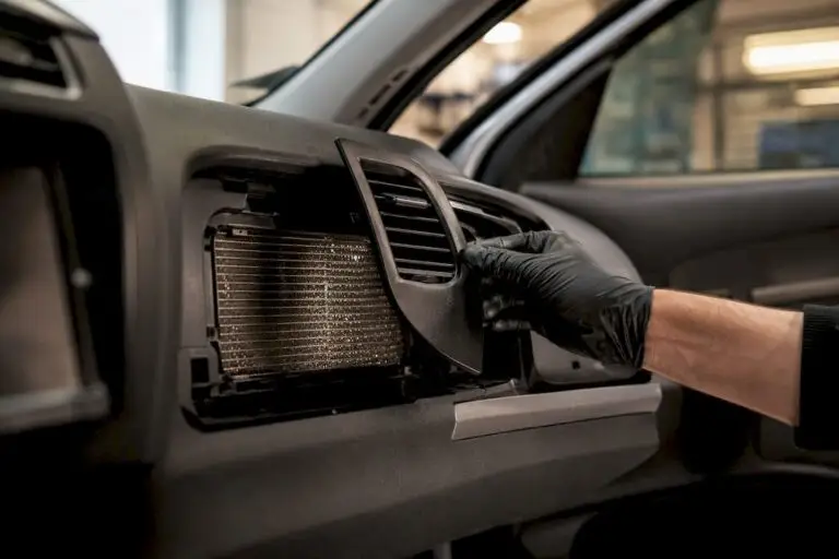 Technician inspecting car AC evaporator coil
