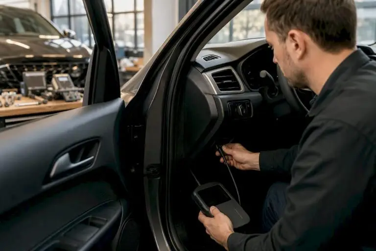 Technician connecting diagnostic tool to European car