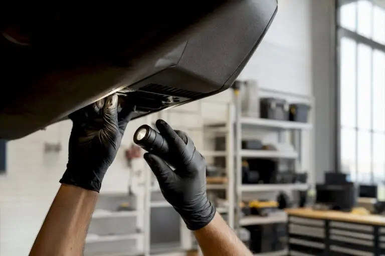 Mechanic inspecting vehicle dashboard vent with flashlight