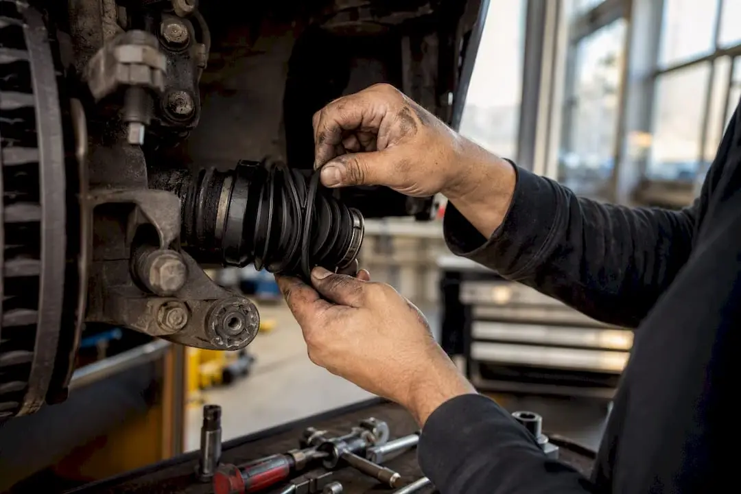 Mechanic hands fitting a new CV axle boot