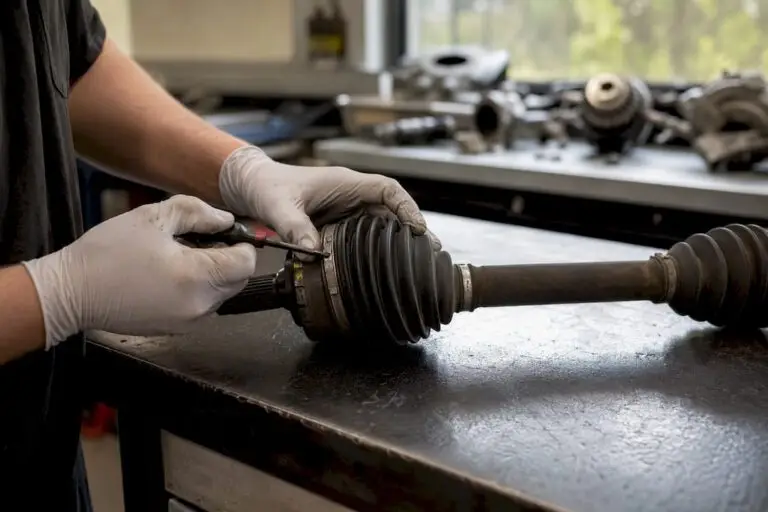 Mechanic hands inspecting CV axle joint boot