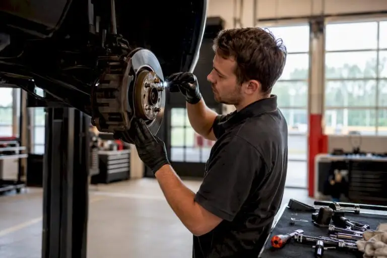 Technician inspecting car brake assembly