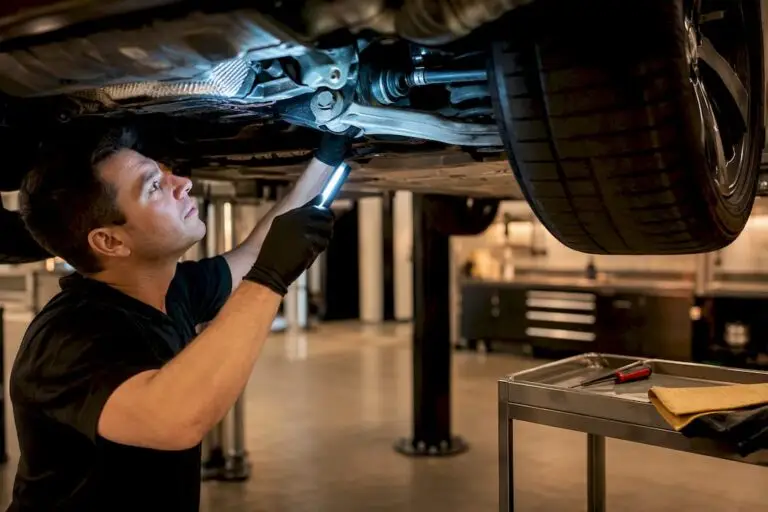 Technician inspecting a vehicle on a lift