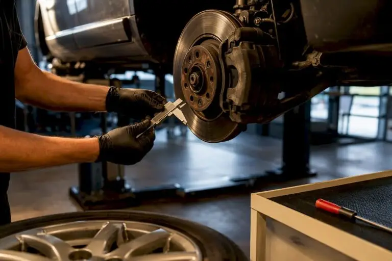 Technician measuring an anonymous brake rotor