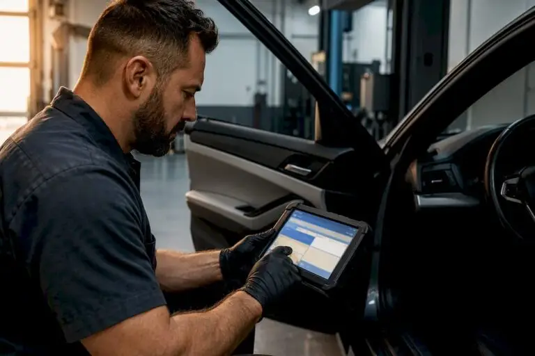 Technician reviewing drivetrain diagnostic readings