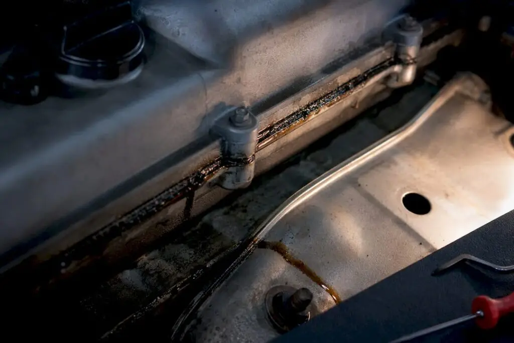 Oil residue along an engine valve cover