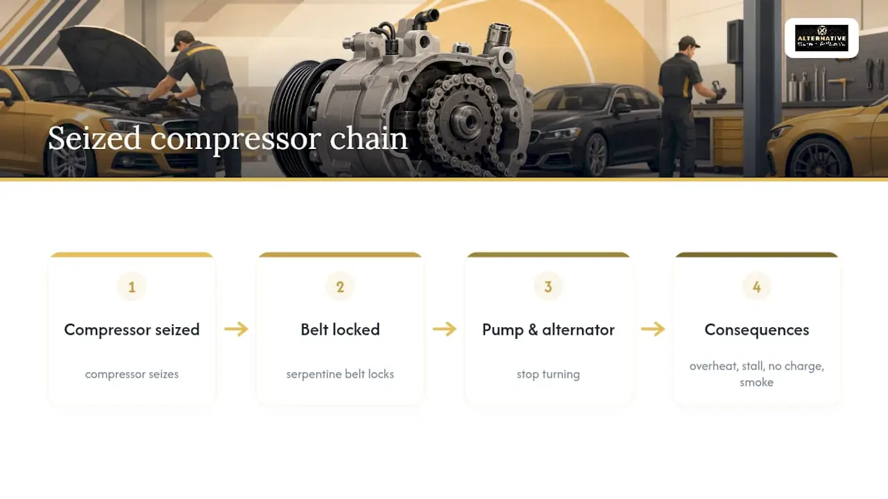 Diagram of compressor seizure causing belt-driven failures