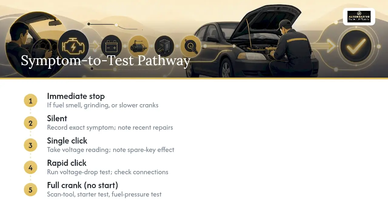 No-start symptoms mapped to diagnostic tests