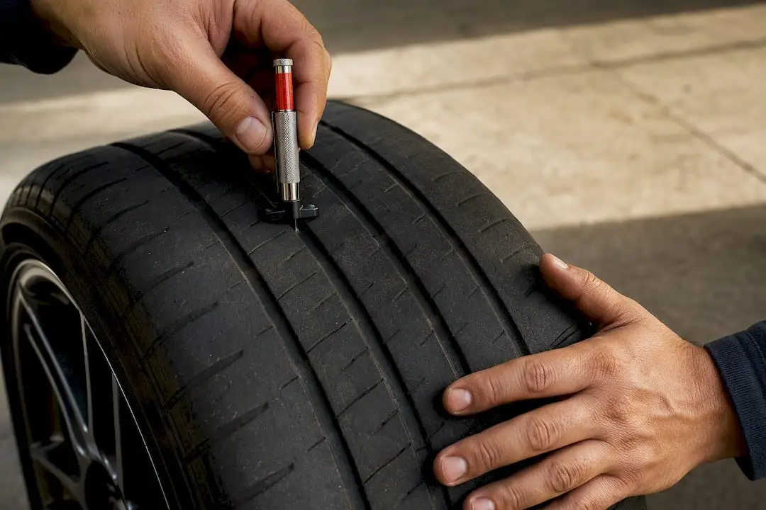 Hands checking tire tread with gauge