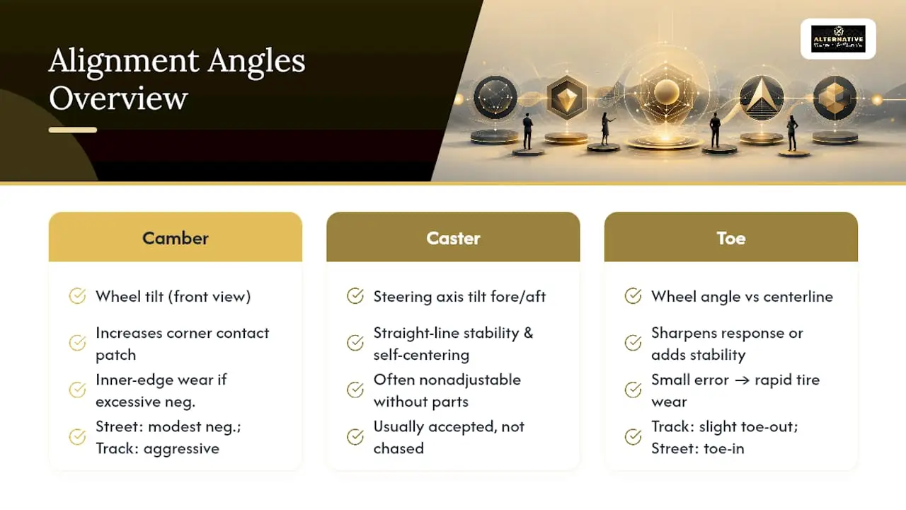 Camber, Caster, and Toe: What Each Angle Actually Does — overview diagram