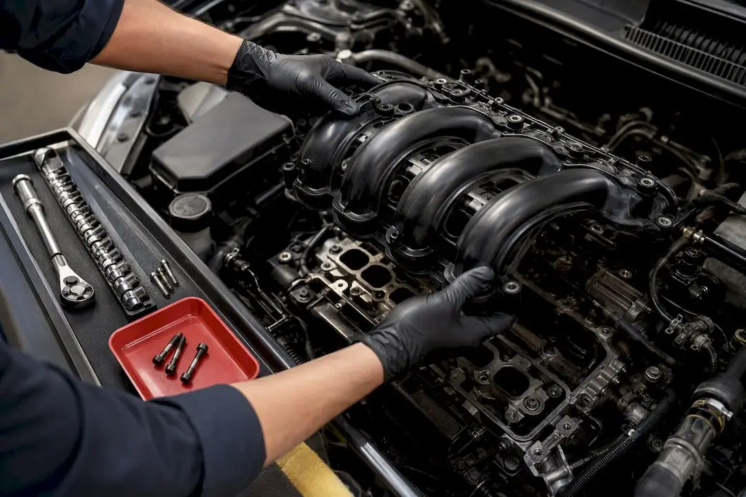 Technician removing intake manifold for inspection
