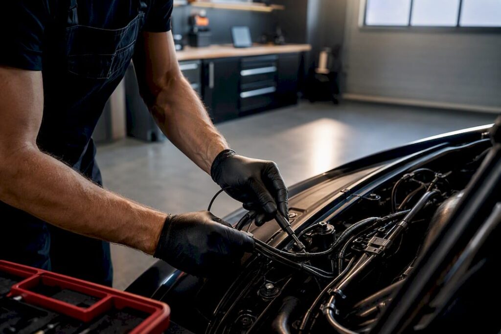 Technician tracing vehicle wiring during diagnosis