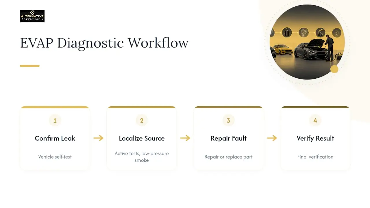 Four-step EVAP leak diagnostic workflow