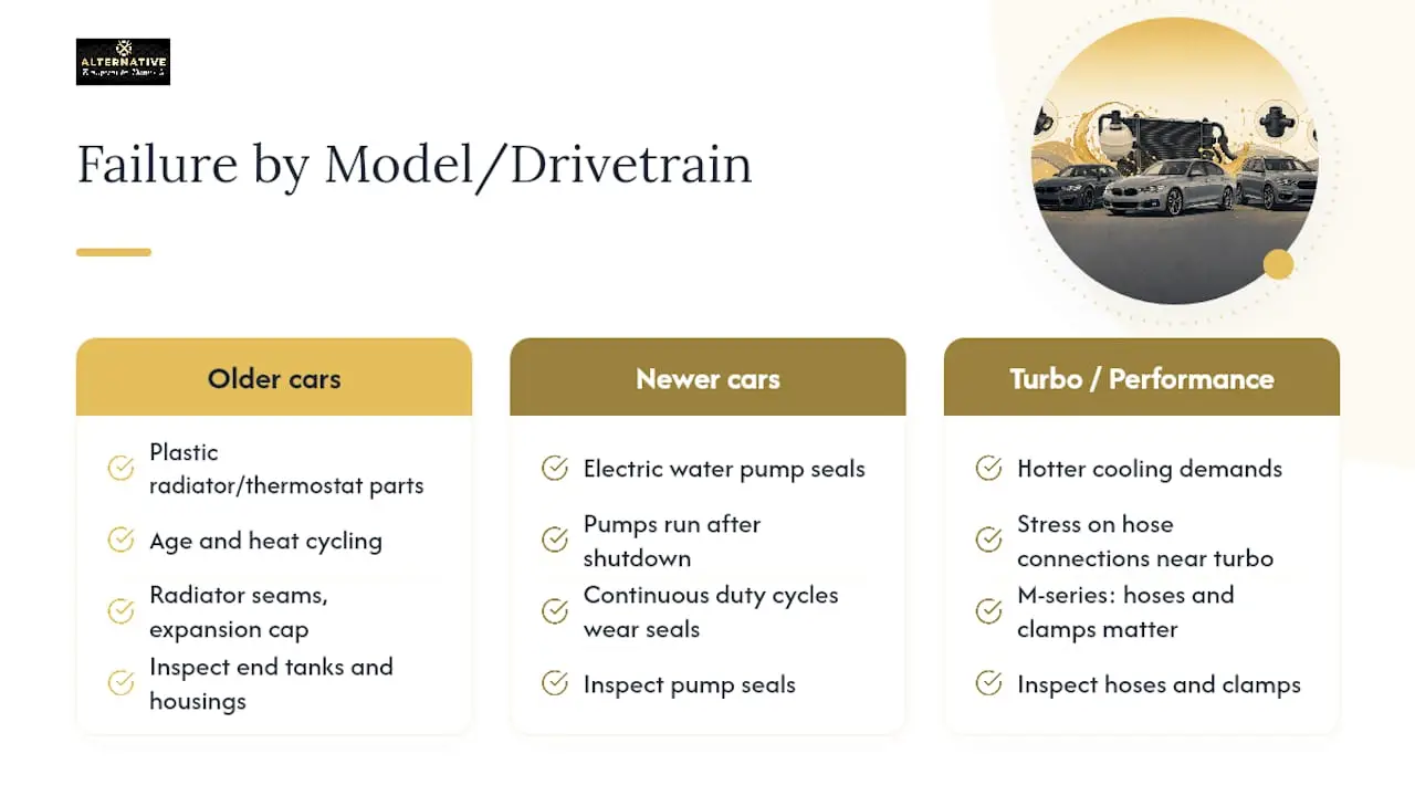 Do Coolant Leaks Differ Across BMW Models and Years? — overview diagram