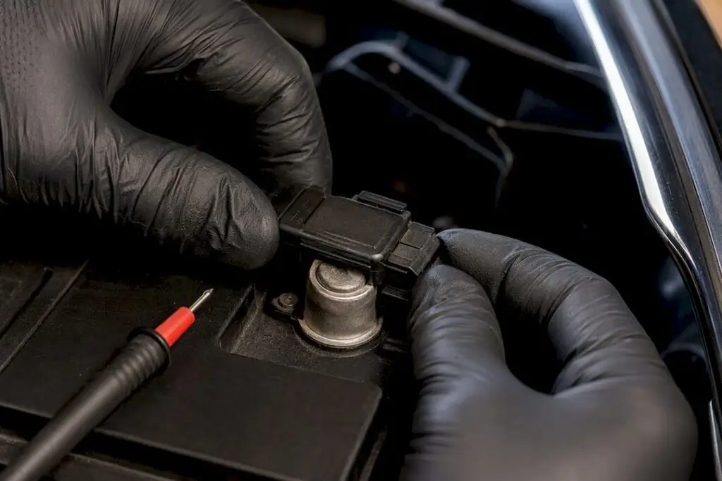 Technician inspecting intelligent battery sensor terminal