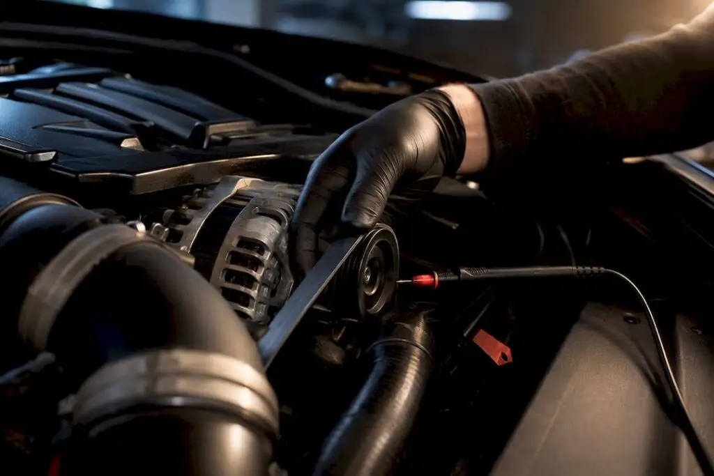 Technician inspecting an alternator and drive belt