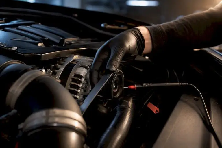 Technician inspecting an alternator and drive belt