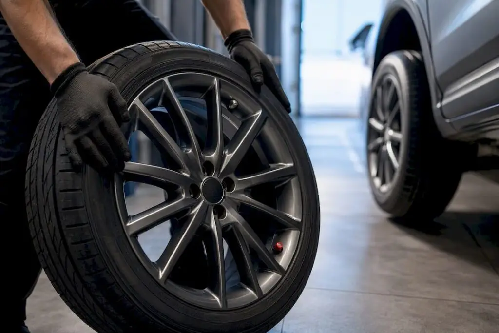 Technician cross-swapping a tire for diagnosis