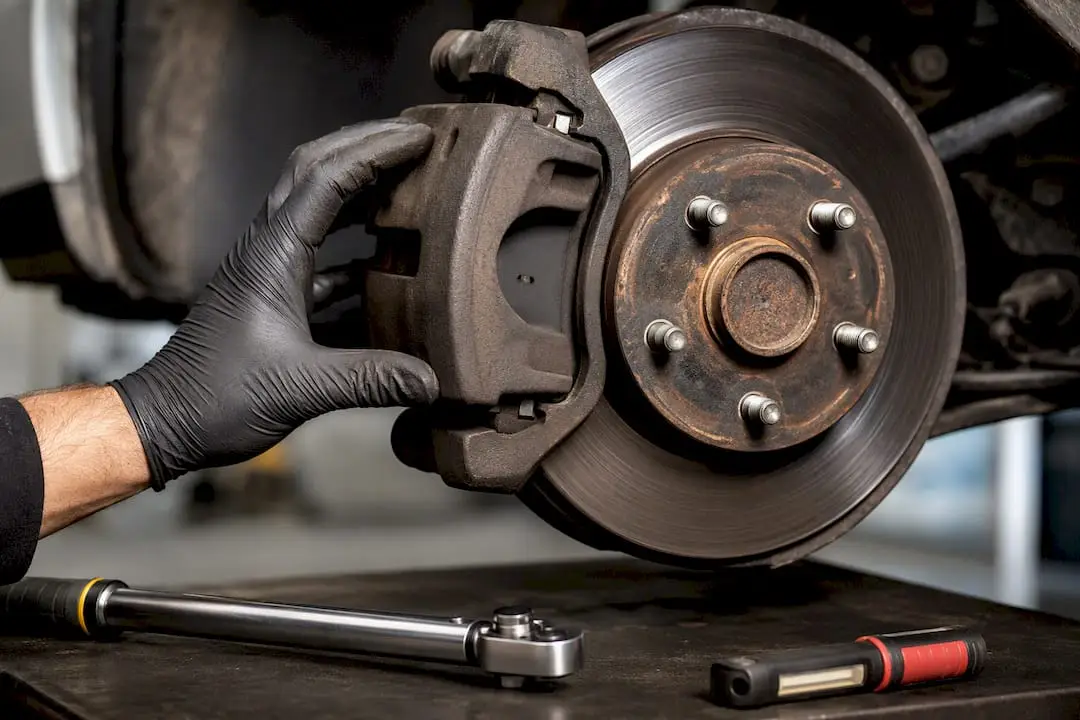 Technician inspecting a brake caliper and rotor