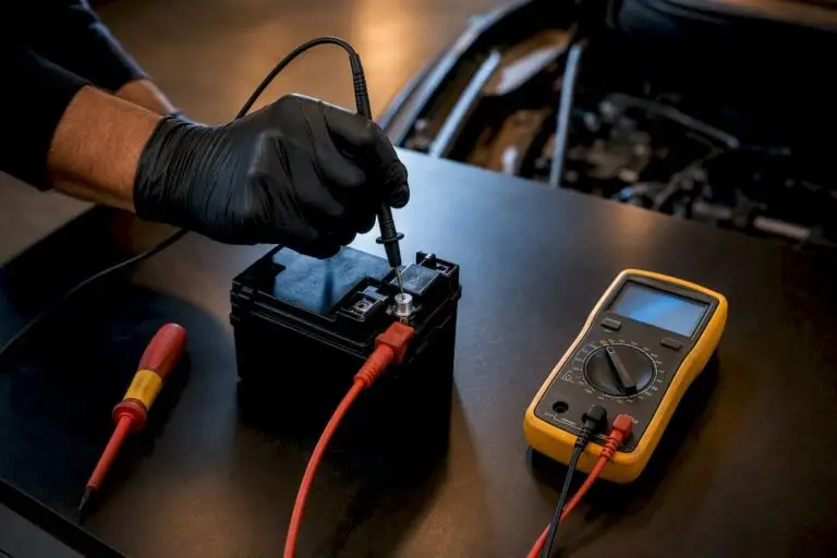 Technician testing auxiliary battery voltage