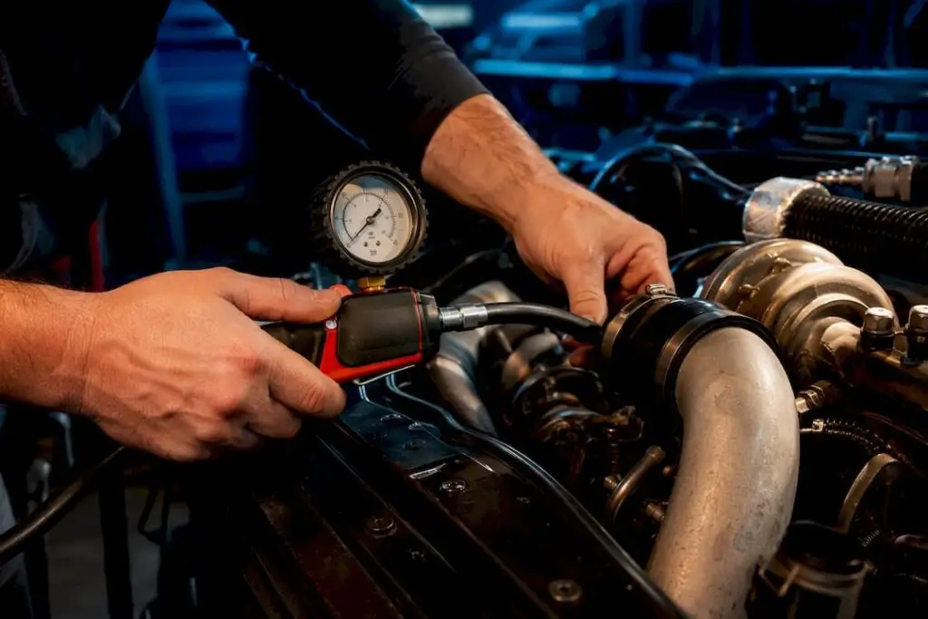 Technician pressure testing turbo intake plumbing