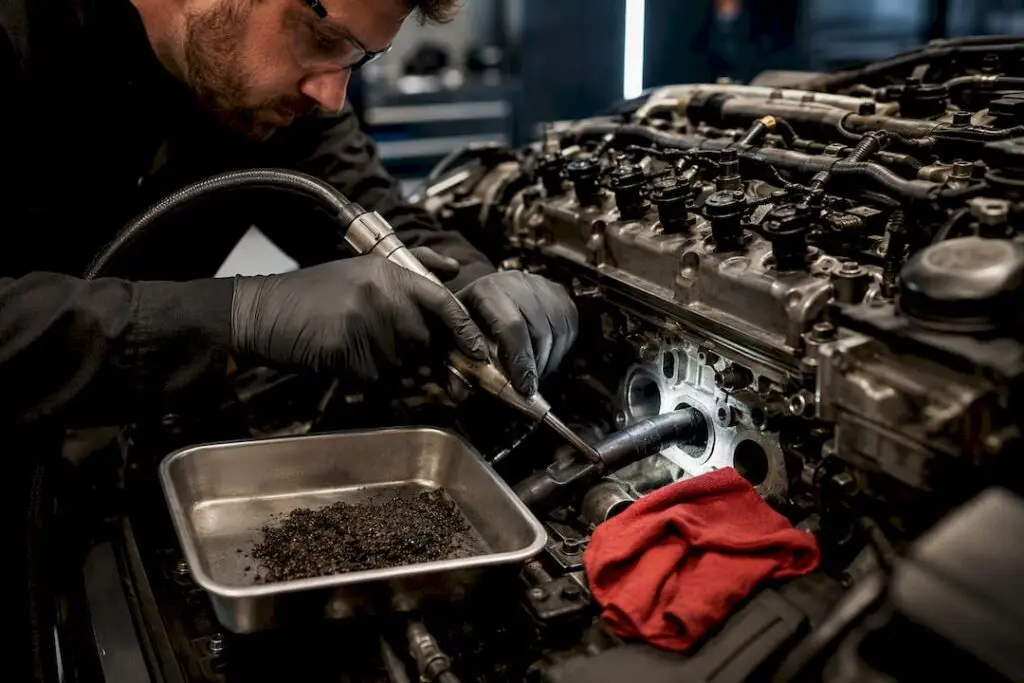 Technician walnut blasting exposed intake valve