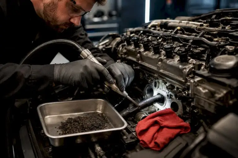 Technician walnut blasting exposed intake valve