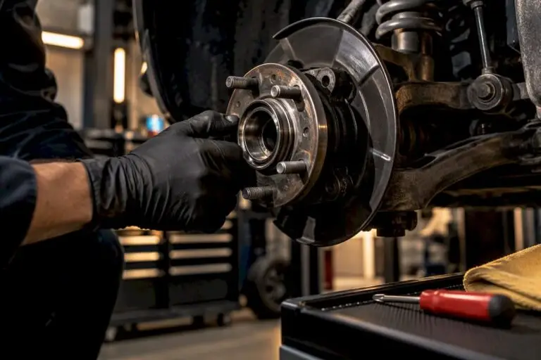 Technician inspecting an exposed wheel bearing