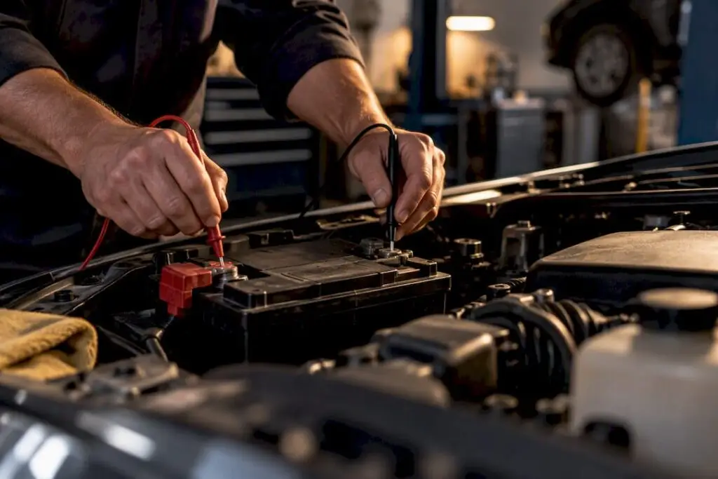 Technician measuring vehicle charging voltage