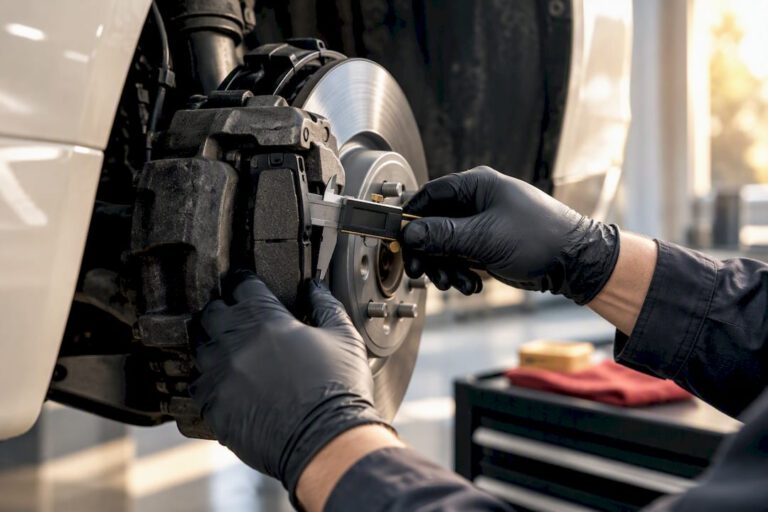 Technician measuring brake pad thickness