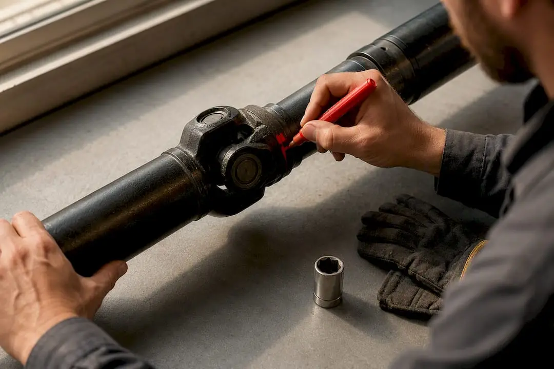 Mechanic marking driveshaft alignment