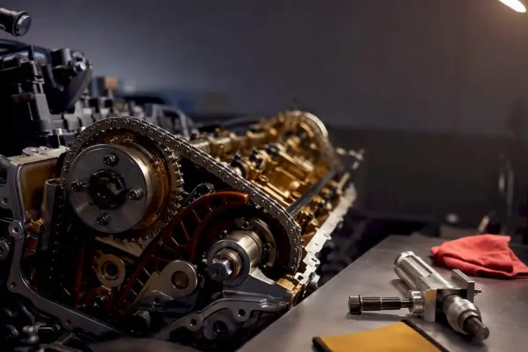 Technician inspecting exposed timing chain assembly
