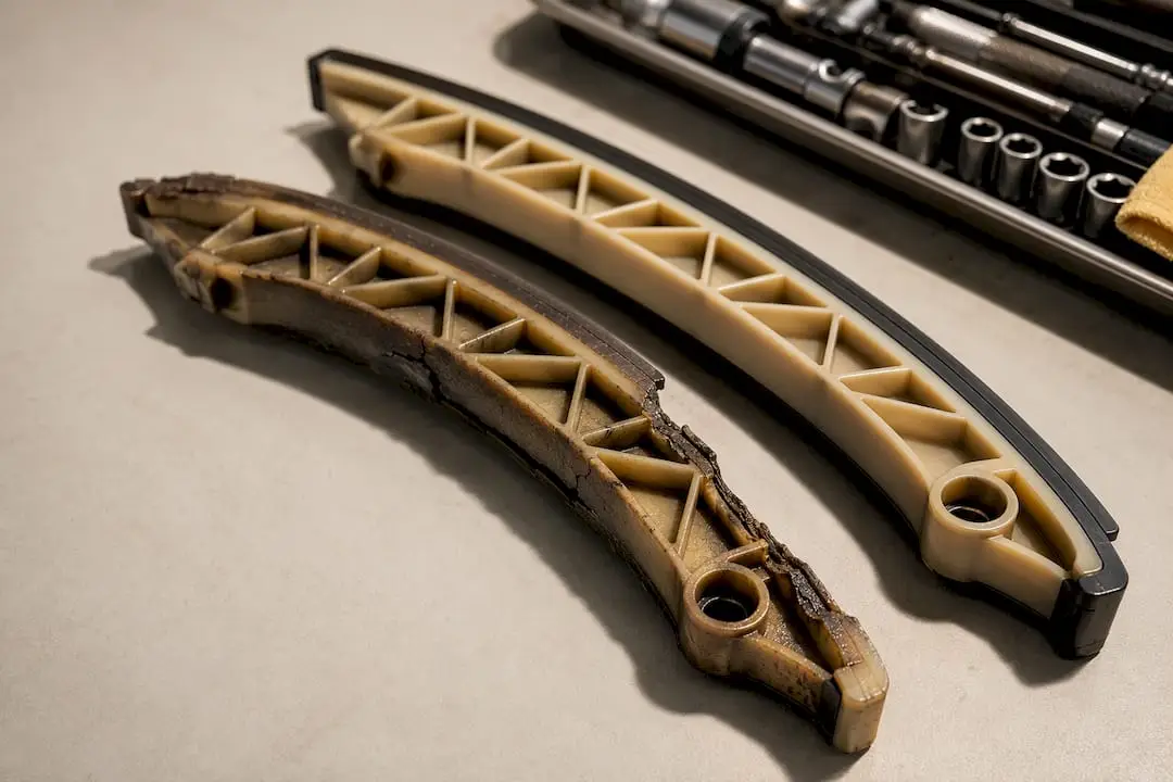 Cracked plastic timing chain guide rail