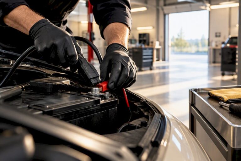 Technician connecting diagnostic cable to battery