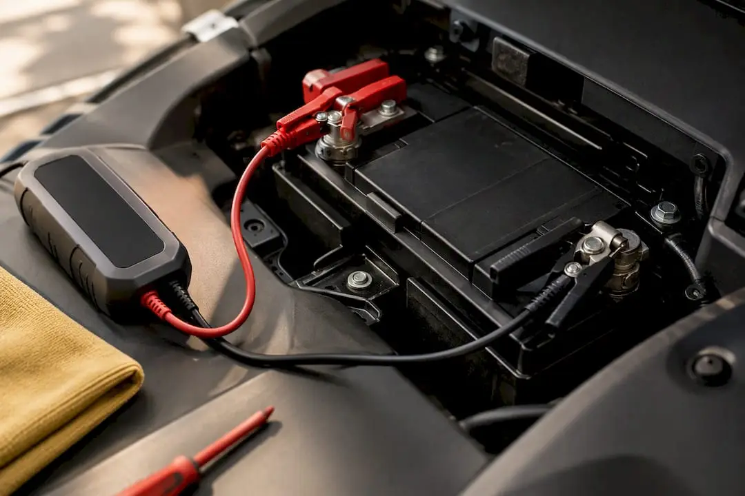 Battery maintainer connected to vehicle battery terminals