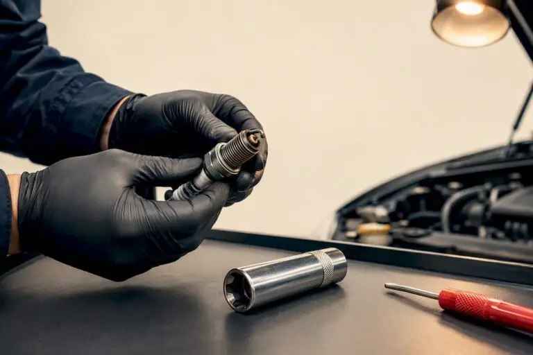 Technician inspecting a removed spark plug