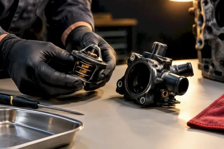 Technician inspecting an automotive thermostat assembly