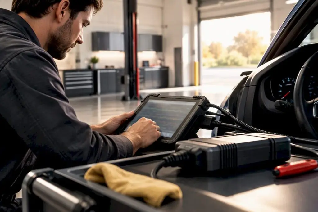 Technician performing vehicle diagnostic testing