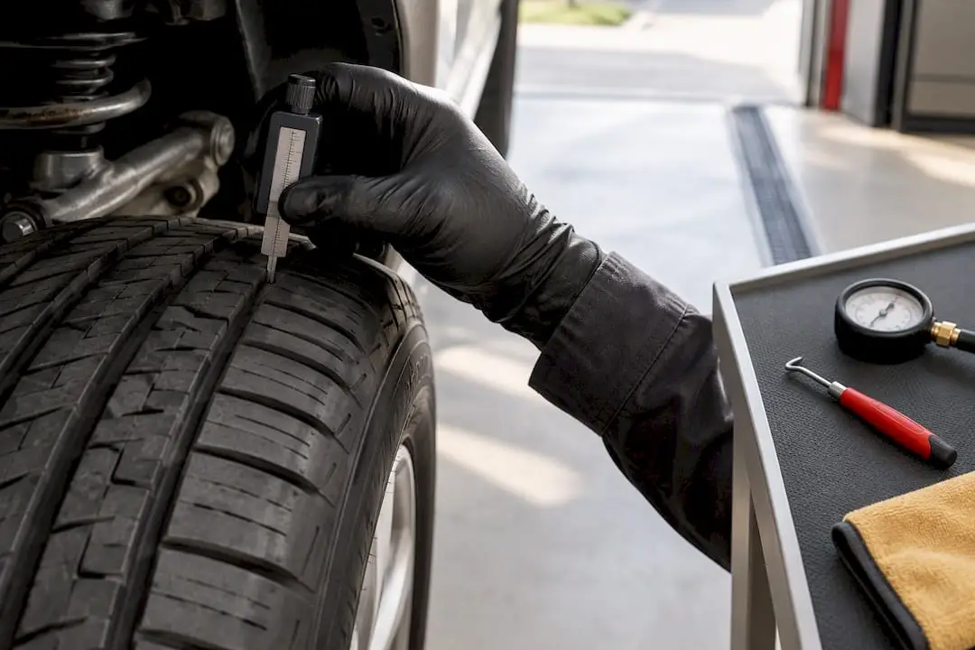 Technician measuring tire tread depth