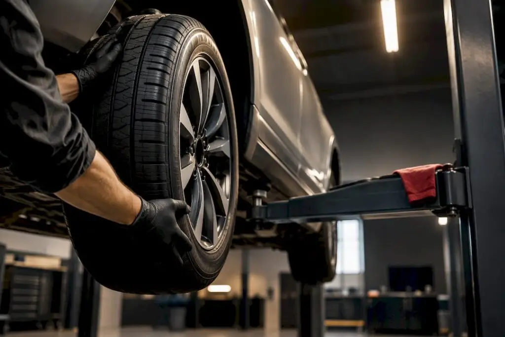 Technician repositioning tire during AWD service