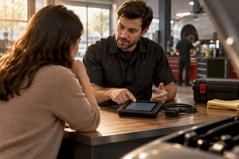 Owner comparing diagnostic service options with technician