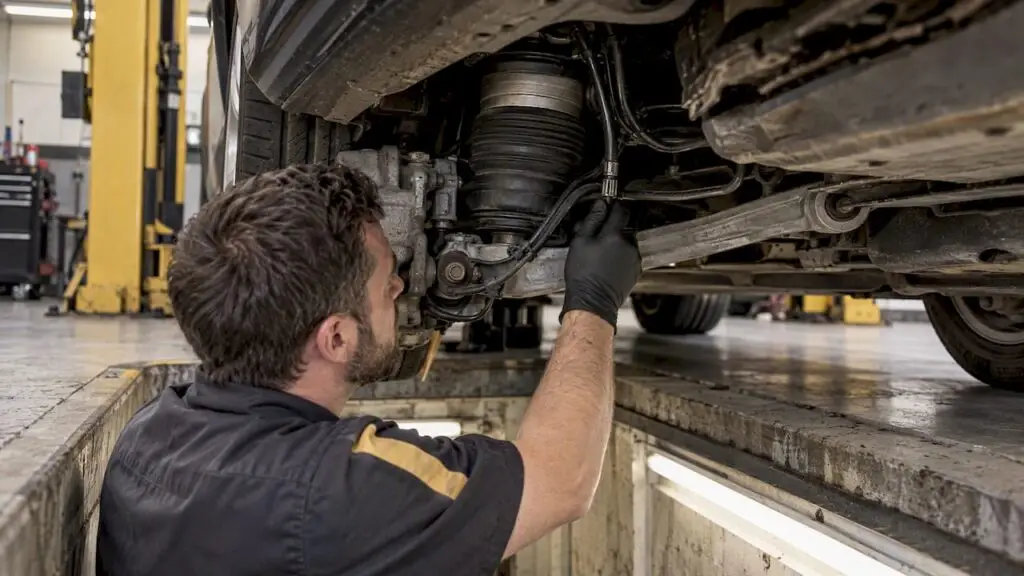 Technician inspecting Mercedes AIRMATIC suspension