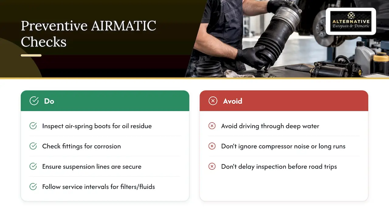 Preventive checks that reduce AIRMATIC failure risk — overview diagram