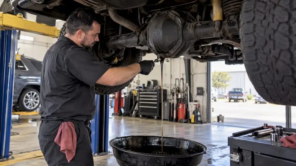 Technician draining fluid from a differential